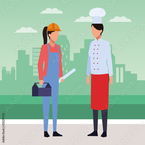 chef and builder women standing icon