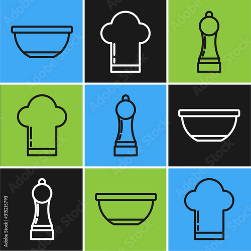 Set line Bowl , Pepper and Chef hat icon. Vector