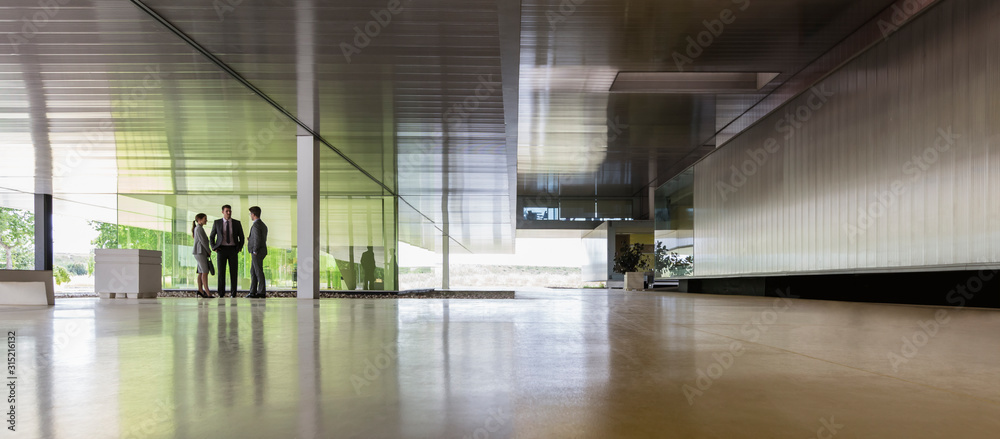 Business people talking in distance in modern office lobby Business people talking in distance in modern office lobby