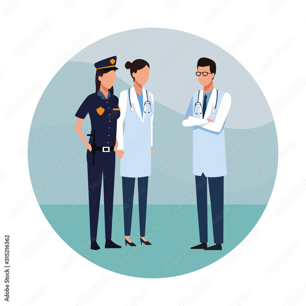 Police woman with doctors standing, colorful design