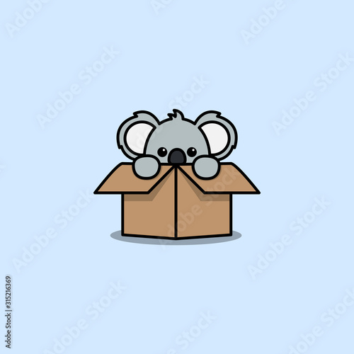 Cute koala in the box cartoon icon, vector illustration