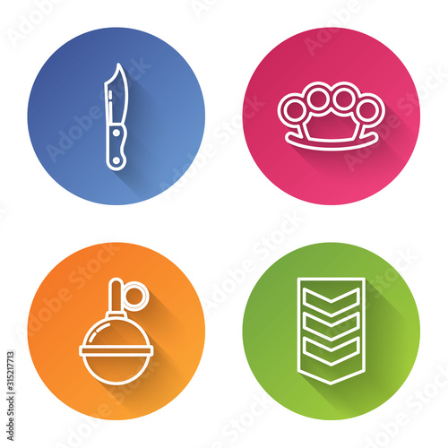 Set line Military knife , Brass knuckles , Hand grenade and Military rank . Color circle button. Vector