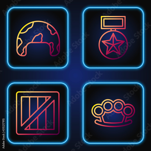 Set line Brass knuckles , Military ammunition box, Military helmet and Military reward medal . Gradient color icons. Vector