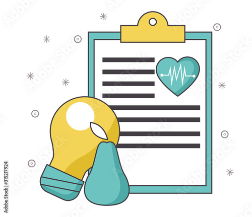 bulb light with medical report and pear fruit, colorful design