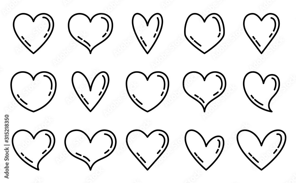 Set of heart outline icons. Hearts of various vector shapes. Editable Stroke.