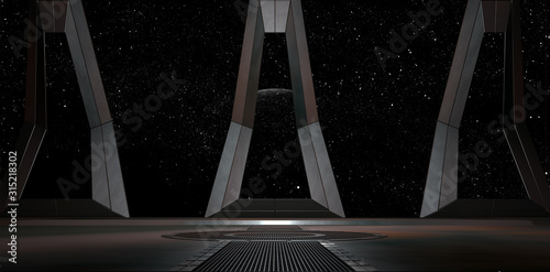 sci fi  corridor with view of space galaxy 3d rendering