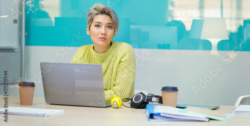 Portrait confident, determined young businesswoman working at laptop photo