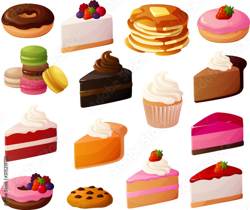 Vector illustration of various sweet desserts and cakes isolated on white background.