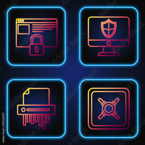 Set line Safe , Paper shredder confidential, Secure your site with HTTPS, SSL and Computer monitor and shield . Gradient color icons. Vector