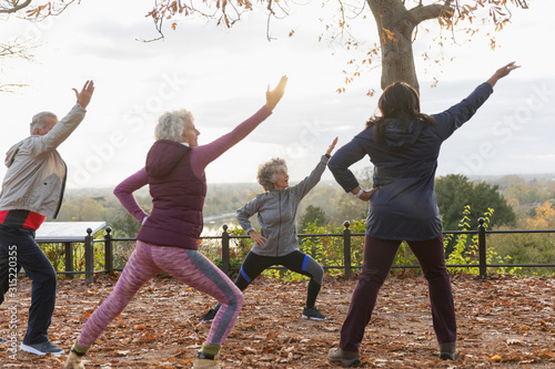 Active seniors practicing yoga in autumn park photo