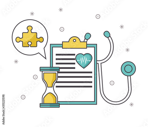medical report with stethoscope and hourglass, colorful design