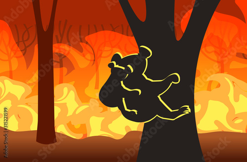 koala with joey silhouettes sitting on tree forest fires in australia animals dying in wildfire bushfire natural disaster concept intense orange flames horizontal vector illustration
