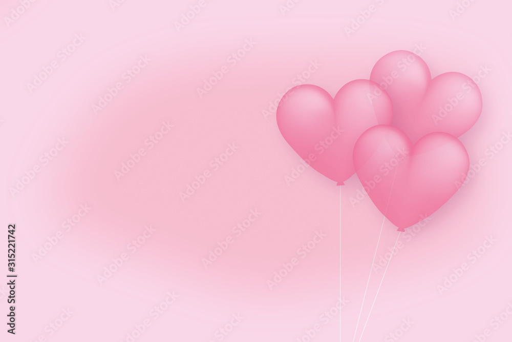 Valentines motive with moving red balloons on a pink background with copy space. Balloons on strings