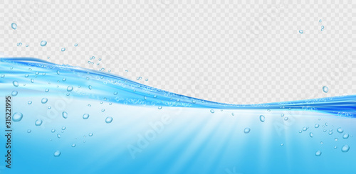 Water waves with air bubbles and sunbeams on transparent background. Vector illustration