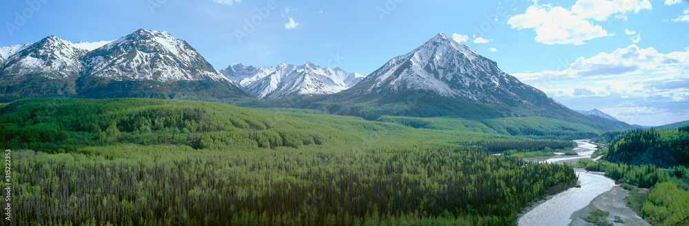 Fototapeta premium Snowy mountains, green forests and river in Matanuska Valley, Alaska