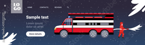 brave fireman near fire truck getting ready to extinguishing fire firefighter in uniform spraying water from hose firefighting emergency service concept horizontal copy space vector illustration