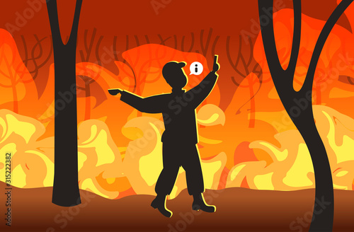 volunteer or firefighter announcing information dangerous wildfire bushfire development dry woods burning trees global warming natural disaster concept intense orange flames horizontal vector