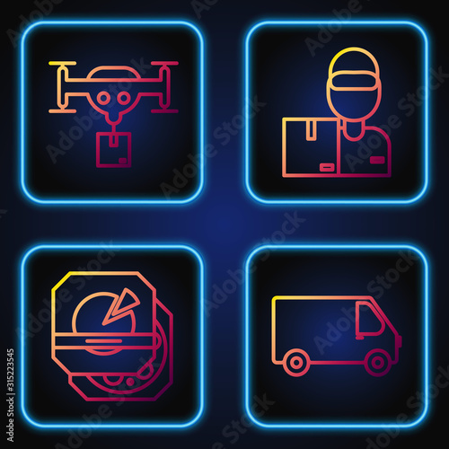 Set line Delivery cargo truck vehicle , Pizza in cardboard box , Delivery drone with the package and Delivery man with cardboard boxes . Gradient color icons. Vector