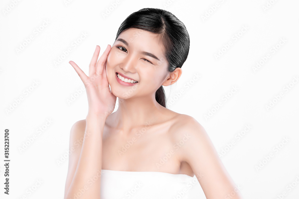 Portrait beautiful young asian woman clean fresh bare skin concept. Asian girl beauty face skincare and health wellness, Facial treatment, Perfect skin, Natural make up, on white background Portrait beautiful young asian woman clean fresh bare skin concept. Asian girl beauty face skincare and health wellness, Facial treatment, Perfect skin, Natural make up, on white background