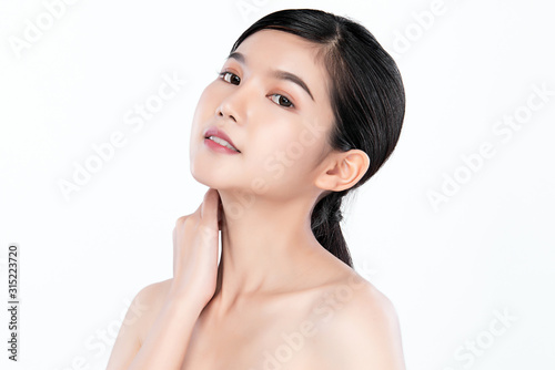 Portrait beautiful young asian woman clean fresh bare skin concept. Asian girl beauty face skincare and health wellness, Facial treatment, Perfect skin, Natural make up, on white background