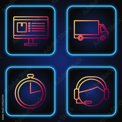 Set line Support operator in touch, Stopwatch , Computer monitor with app delivery tracking and Delivery cargo truck vehicle . Gradient color icons. Vector