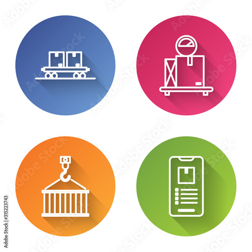 Set line Railway carriage , Scale with cardboard box , Container on crane and Mobile phone with app delivery tracking . Color circle button. Vector