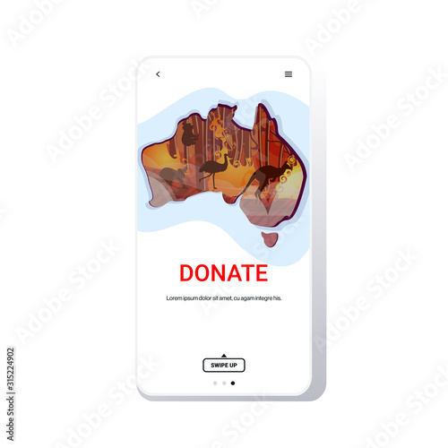 animals running from forest fires wildfire bushfire natural disaster pray for Australia donate concept map shape smartphone screen mobile app copy space vector illustration