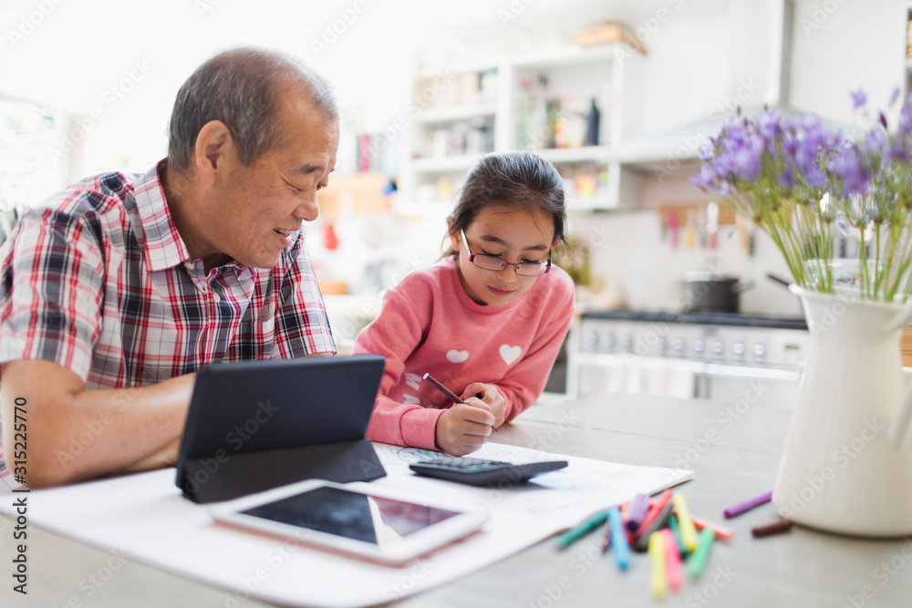 Grandfather granddaughter coloring using digital tablet in kitchen Grandfather granddaughter coloring using digital tablet in kitchen