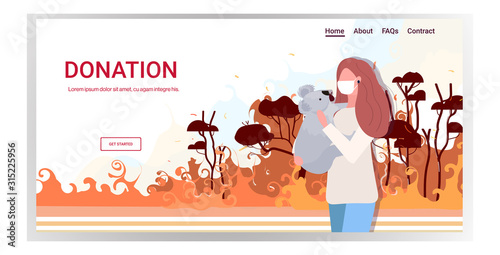 woman in mask holding koala bear forest fires animals dying in wildfire bushfire natural disaster pray for Australia donation concept intense orange flames horizontal portrait copy space vector