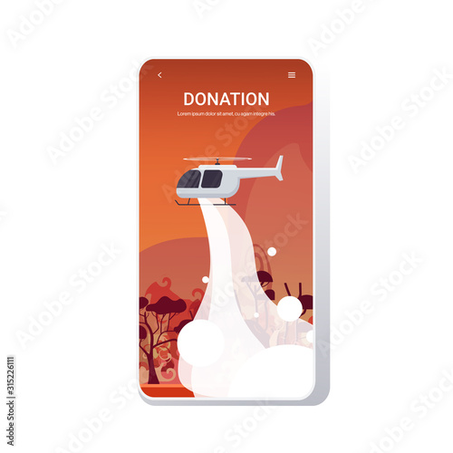 helicopter extinguishes dangerous wildfire in australia fighting bushfire dry woods burning trees firefighting natural disaster donation concept intense orange flames smartphone screen mobile app