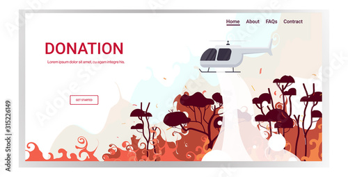 helicopter extinguishes dangerous wildfire in australia fighting bushfire dry woods burning trees firefighting natural disaster donation concept intense orange flames horizontal copy space vector