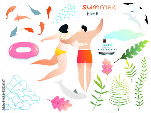 Swimming agua and people and romance hand drawn clip art elements colorful collection.
