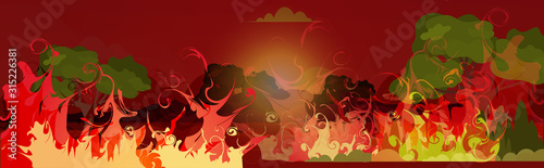 dangerous wildfire bush fire development dry woods burning trees global warming natural disaster ecology problem concept intense orange flames horizontal vector illustration