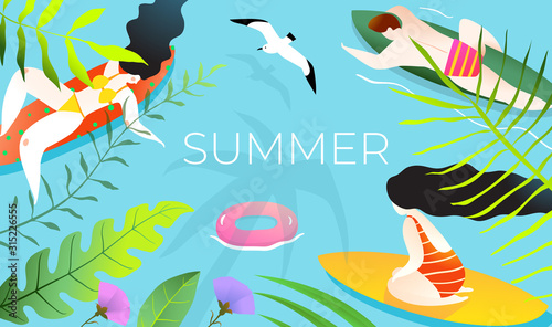 People sitting and laying on surfboards or paddle boards recreational relaxing contemporary background graphic design.