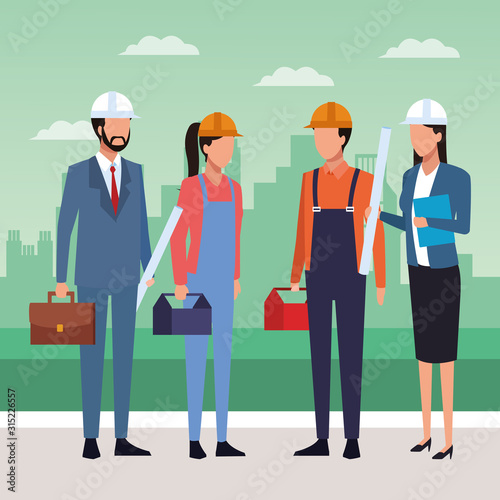 Enginners and builders standing, colorful design
