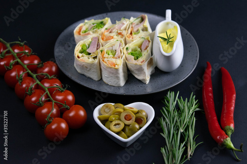 Healthy food on old wooden background. Concept of proper nutrition. Top view photo