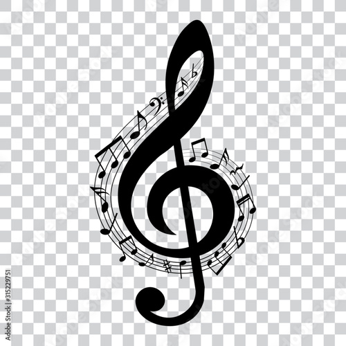 Music notes in swirl around the treble clef, musical design element, vector illustration.