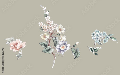 Watercolor flowers set,Floral background for fashion prints. Design for textile, wallpapers, wrapping, paper. Spring flowery texture