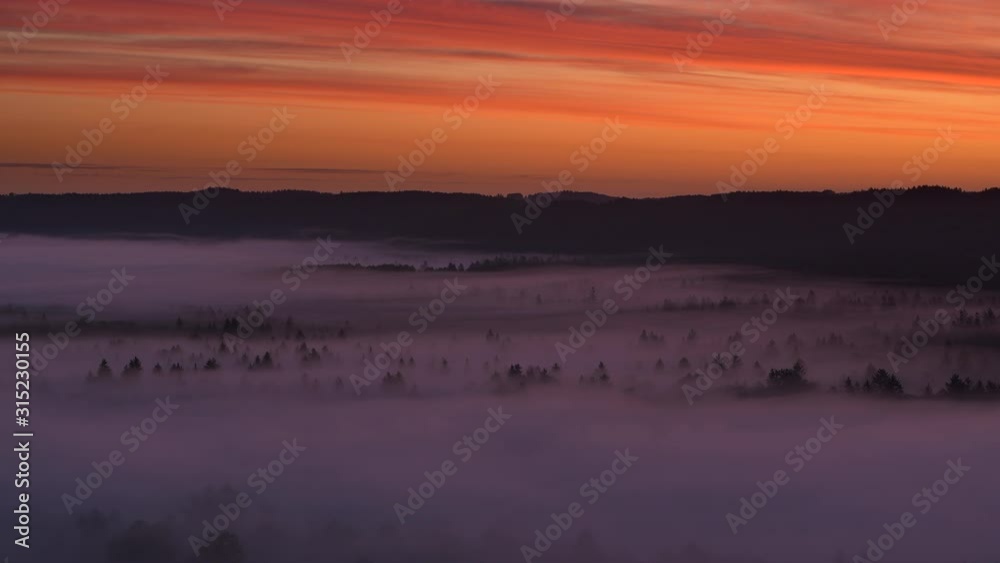 Aerial view of landscape with fog at sunrise, Pupplinger Au Aerial view of landscape with fog at sunrise, Pupplinger Au