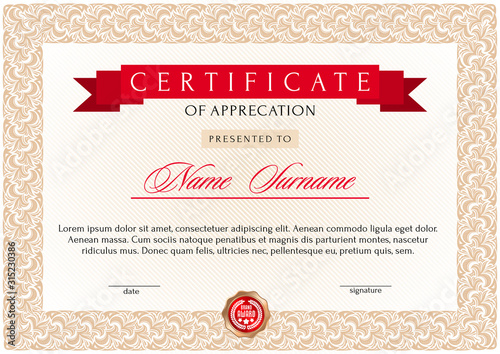 Luxury certificate in Royal, vintage style. Diploma template currency border with floral rectangular ornate frame. Award Fund gift certificate. Vector illustration