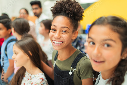 Portrait happy, confident junior high girl students