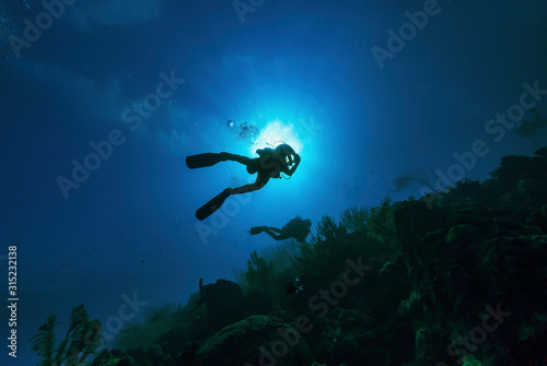 Two SCUBA divers silhouetted as they swimming along a reef