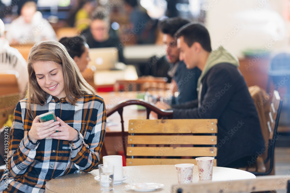 Smiling young woman using smart phone in cafe Smiling young woman using smart phone in cafe