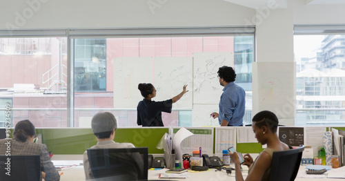 Business people brainstorming in open plan office photo