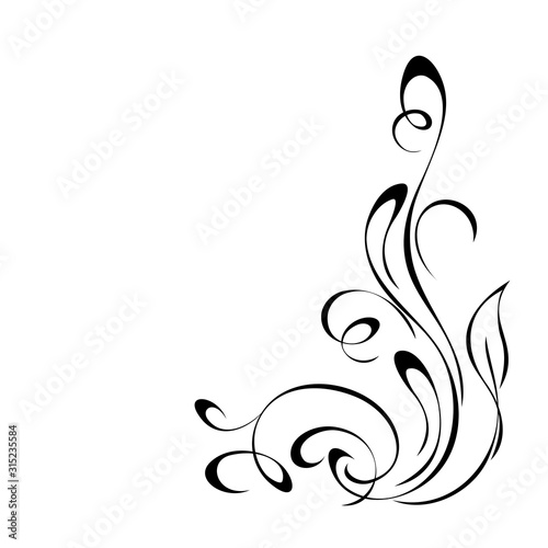 ornament 1003. decorative element with curls and leaves in black lines on white background