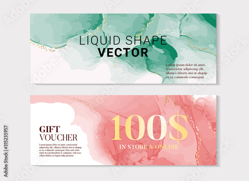Abstract watercolor liquid ink background artwork with green and pink  flows, gold letters gift voucher business card. Fine art template with fluid  in vector