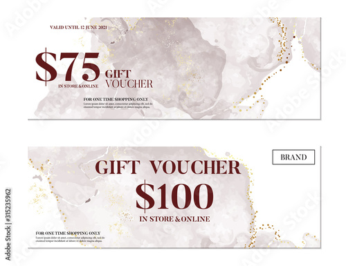 Elegant pastel beige alcohol ink liquid with gold foil pattern business template. Digital ink drop in vector. Watercolor banner, gift voucher, promotion, advertising
