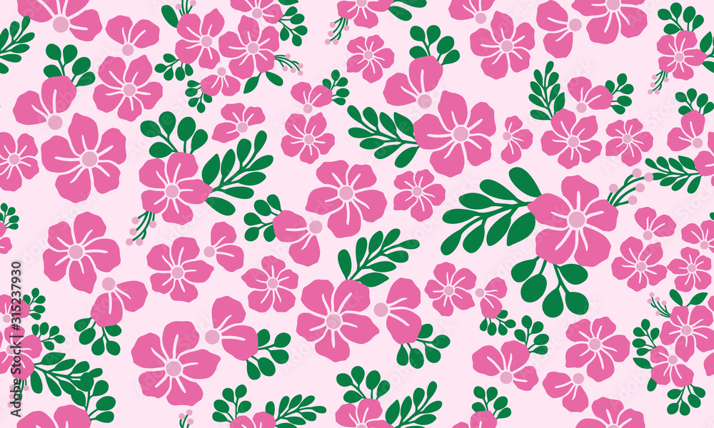 Obraz premium Pink flower pattern background for valentine, with simple leaf and flower decor.