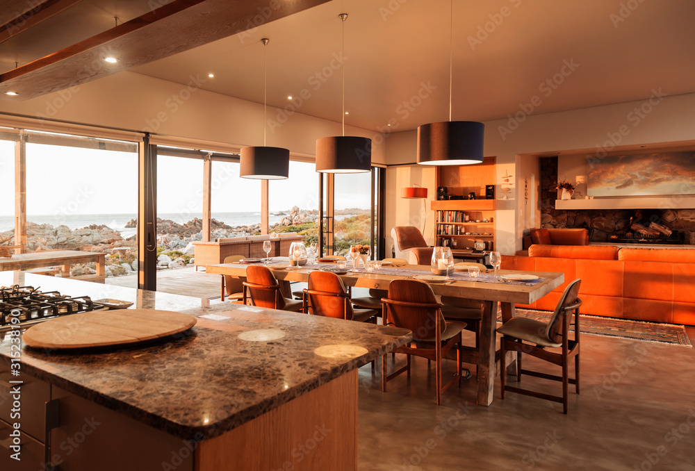 Sunny home showcase interior overlooking ocean Sunny home showcase interior overlooking ocean