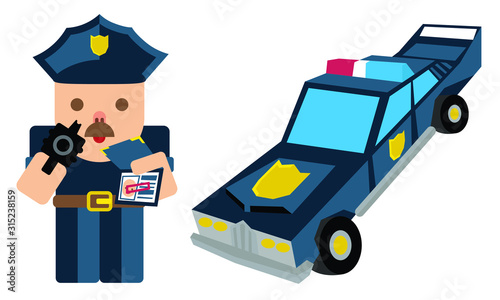 Policeman with mustache, gun and ID near police car